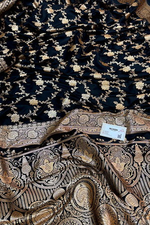 Black Akbari Jaal Katan Silk Banarasi Saree