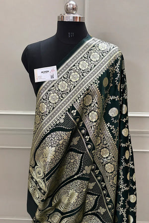 Bottle Green Pankhuri Jaal Katan Silk Banarasi Saree