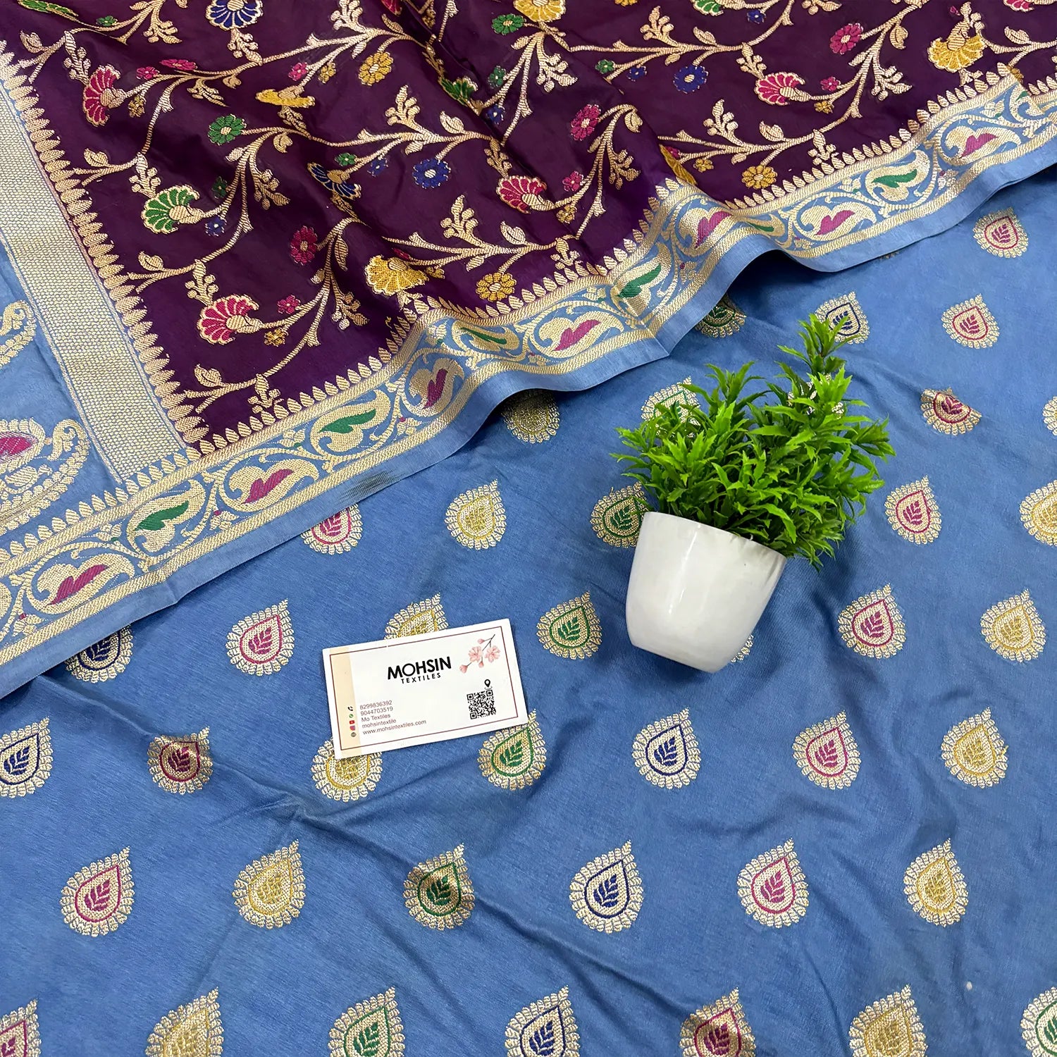 Firozi and Wine Golden Zari Katan Silk Banarasi Suit