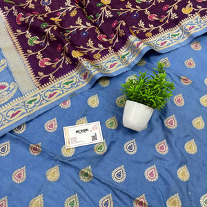 Firozi and Wine Golden Zari Katan Silk Banarasi Suit