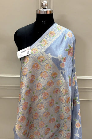 Grey Rosy Jaal Georgette Silk Banarasi Saree