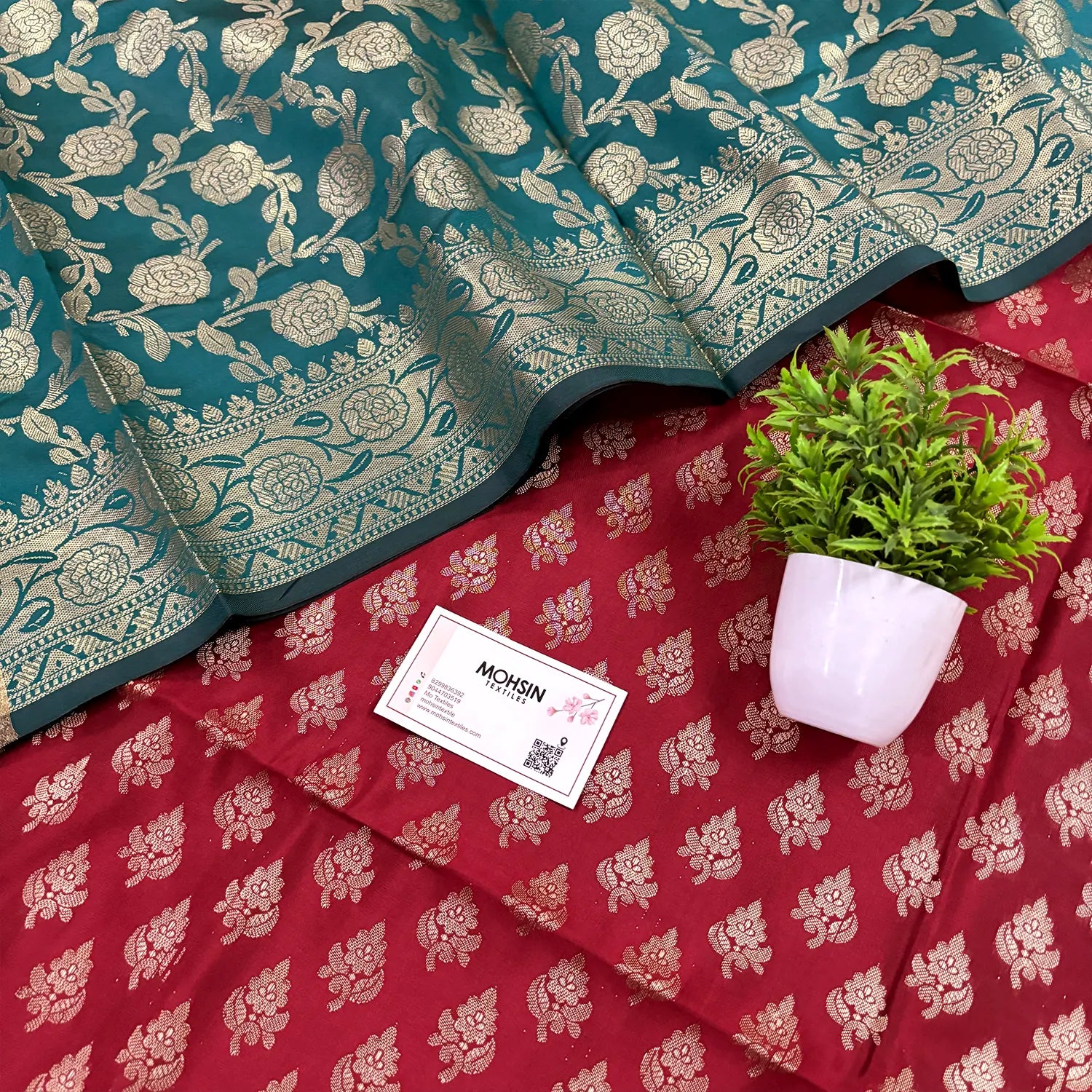 Maroon and Teal Podha Satin Silk Banarasi Suit