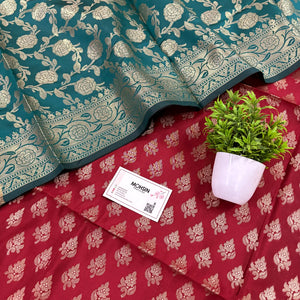 Maroon and Teal Podha Satin Silk Banarasi Suit