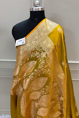Mustard Golden Flower Katan Silk Banarasi Saree