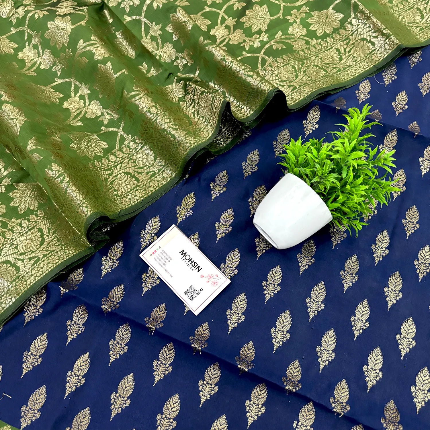 Navy Blue and Mehendi Parvat Buti Satin Silk Banarasi Suit