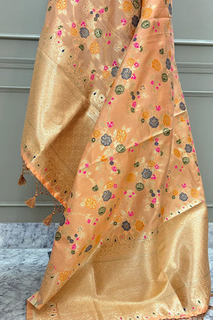 Peach Golden Zari Katan Silk Banarasi Dupatta