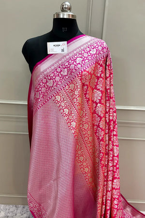 Peach and Pink Temple Buta Katan Silk Banarasi Saree