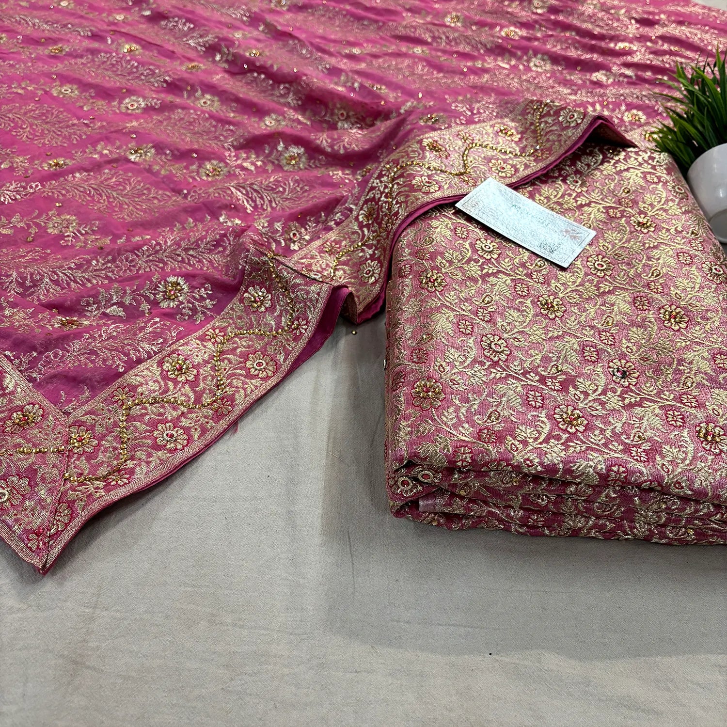 Peachy Pink Stone Work Kimkhab Silk Banarasi Gharara