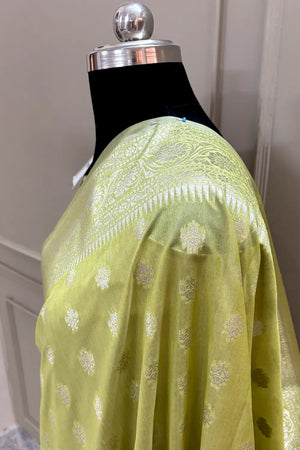 Pista Golden Zari Crepe Silk Banarasi Saree