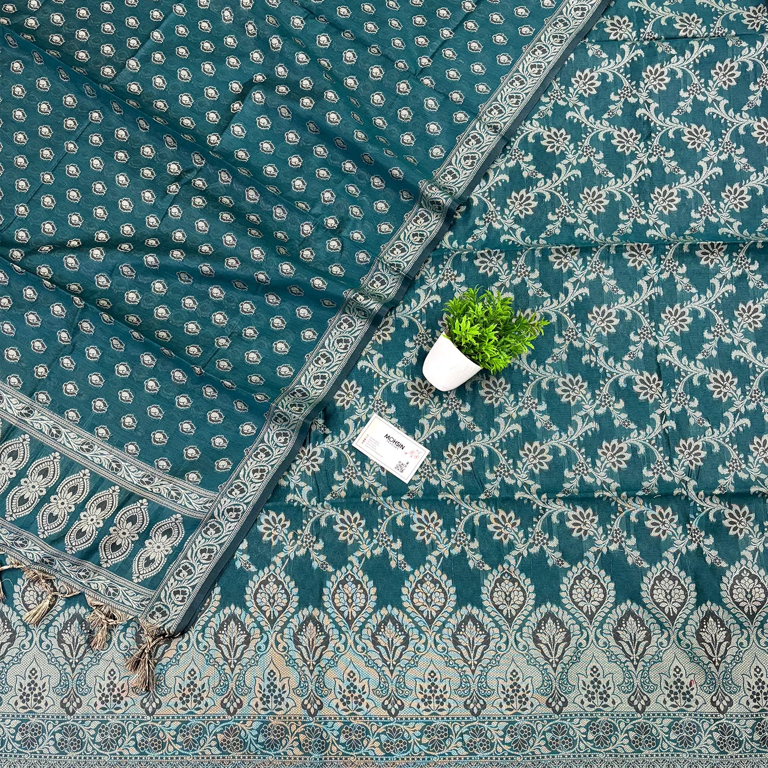 Teal Mogambo Jaal Cotton Silk Banarasi Suit