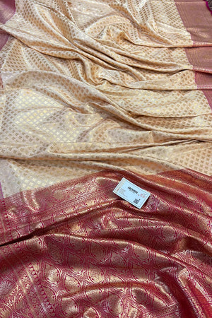 White and Pink Chidi Buti Katan Silk Banarasi Saree