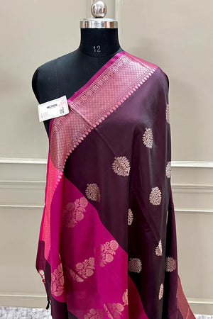 Wine and Pink Golden Zari Banarasi Silk Saree