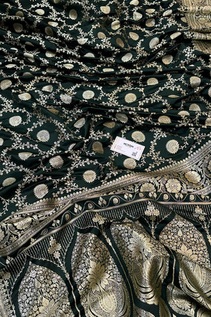 Bottle Green Pankhuri Jaal Katan Silk Banarasi Saree