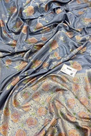 Grey Rosy Jaal Georgette Silk Banarasi Saree