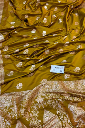 Mustard Golden Flower Katan Silk Banarasi Saree