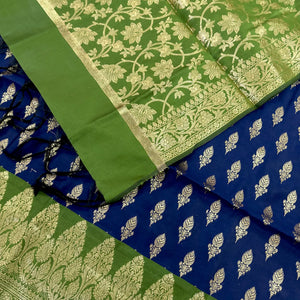 Navy Blue and Mehendi Parvat Buti Satin Silk Banarasi Suit