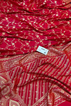 Pinkish Red Albeli Jaal Katan Silk Banarasi Saree