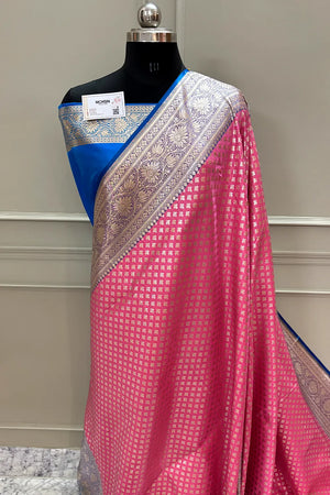 Peach and Blue Chidi Buti Katan Silk Banarasi Saree