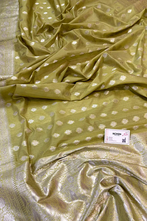 Pista Golden Zari Crepe Silk Banarasi Saree