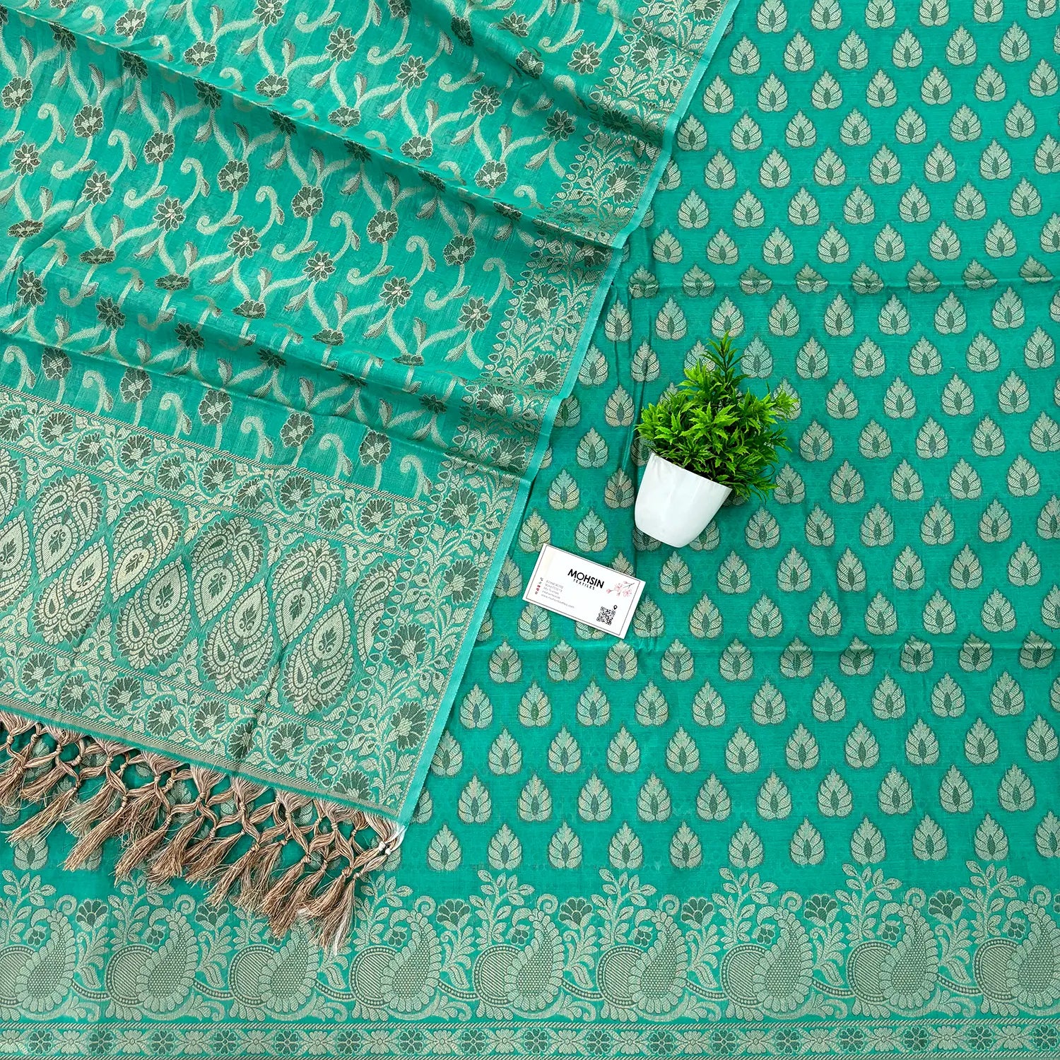 Sea Green Kacchi Carry Patta Cotton Silk Banarasi Suit