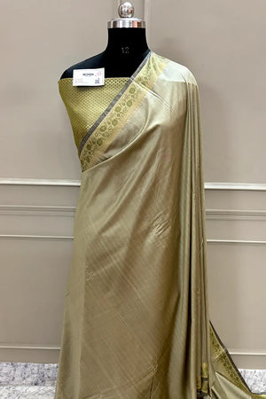 Beige Plain Golden Zari Silky Banarasi Saree
