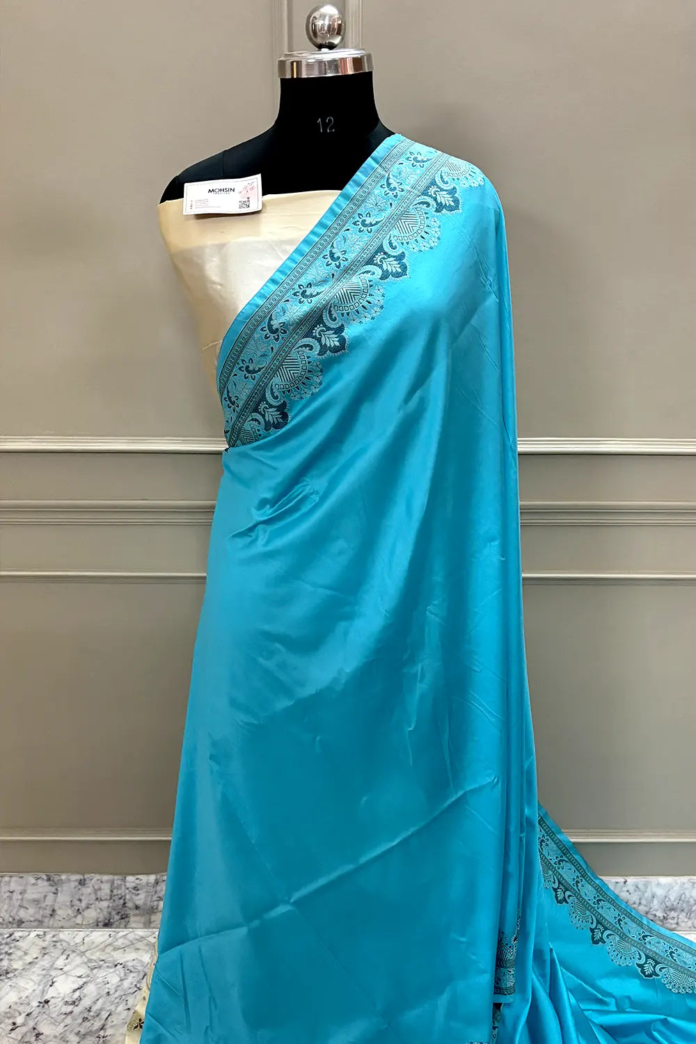 Firozi and Beige Plain Resham Silk Banarasi Saree