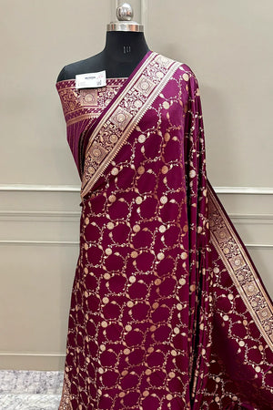 Purple Wine Albeli Jaal Katan Silk Banarasi Saree