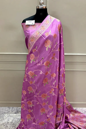 Mauve Rosy Jaal Georgette Silk Banarasi Saree