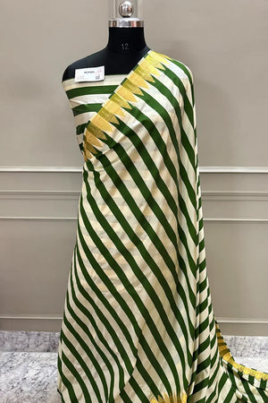 Mehendi and White Stripe Plain Satin Silk Banarasi Saree
