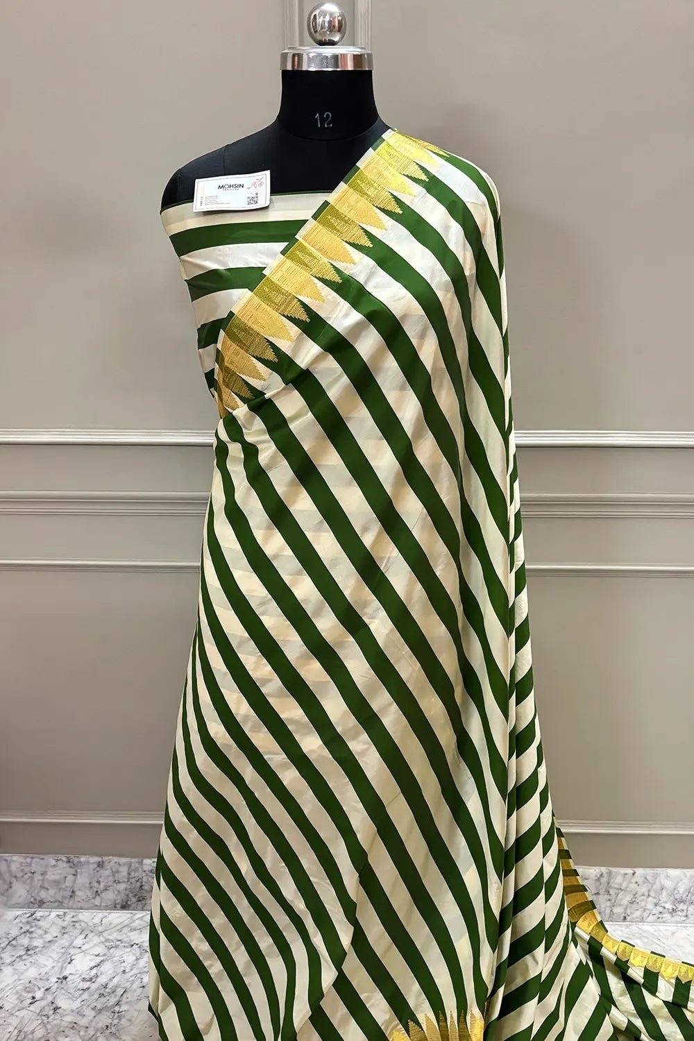 Mehendi and White Stripe Plain Satin Silk Banarasi Saree