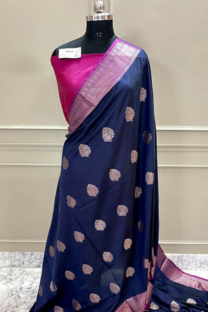 Navy Blue and Pink Golden Zari Banarasi Silk Saree
