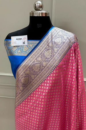 Peach and Blue Chidi Buti Katan Silk Banarasi Saree