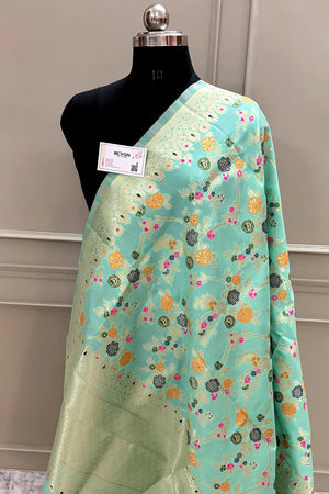 Sea Green Golden Zari Katan Silk Banarasi Dupatta