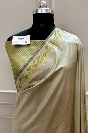 Beige Plain Golden Zari Silky Banarasi Saree