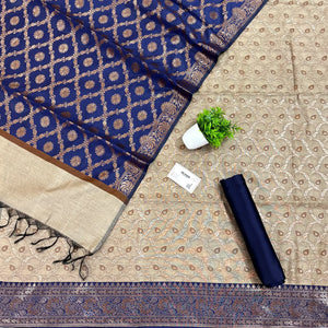 Beige and Navy Blue Patti Jaal Banarasi Silk Suit
