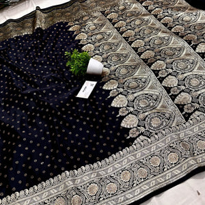Black Royal Plain Siroski Stone Katan Banarasi Saree