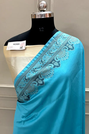 Firozi and Beige Plain Resham Silk Banarasi Saree