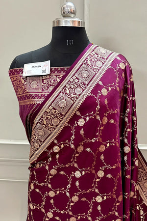 Purple Wine Albeli Jaal Katan Silk Banarasi Saree