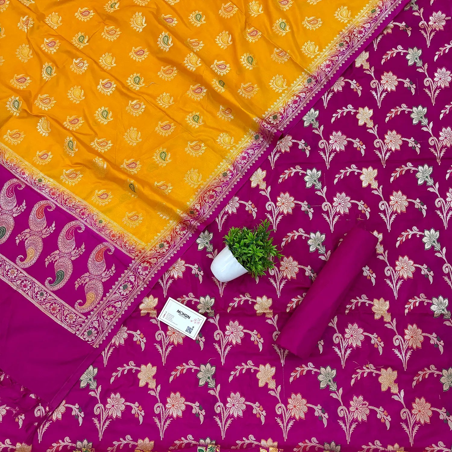 Magenta and Yellow Golden Zari Katan Silk Banarasi Saree