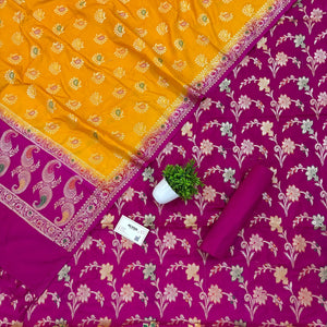 Magenta and Yellow Golden Zari Katan Silk Banarasi Saree