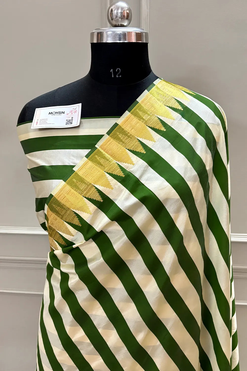 Mehendi and White Stripe Plain Satin Silk Banarasi Saree