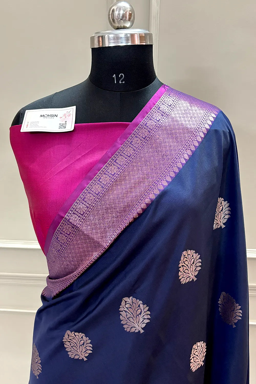 Navy Blue and Pink Golden Zari Banarasi Silk Saree