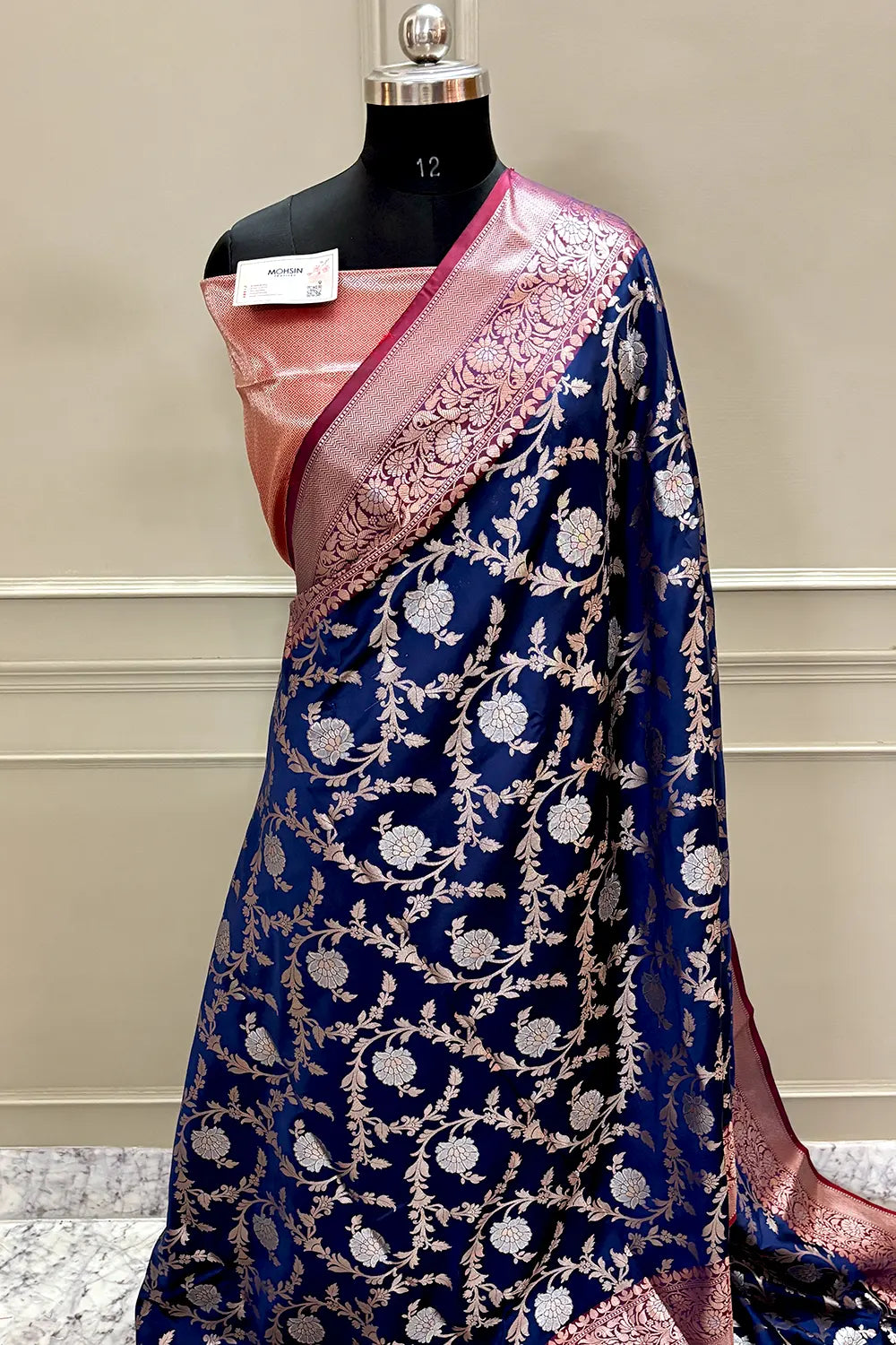 Navy Blue and Red Golden Zari Banarasi Silk Saree
