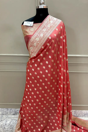 Peach Golden Zari Crepe Silk Banarasi Saree