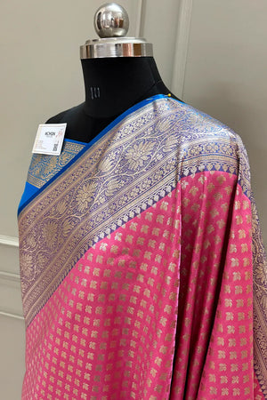 Peach and Blue Chidi Buti Katan Silk Banarasi Saree