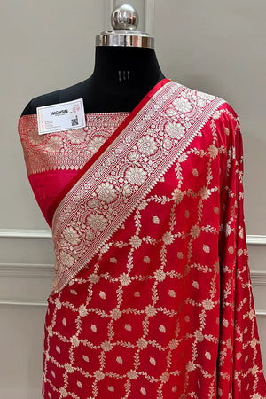 Pinkish Red Qaidi Buti Katan Silk Banarasi Saree