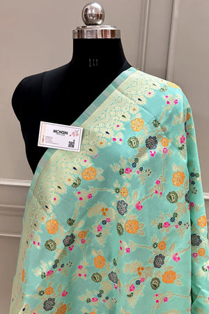 Sea Green Golden Zari Katan Silk Banarasi Dupatta