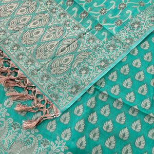 Sea Green Kacchi Carry Patta Cotton Silk Banarasi Suit