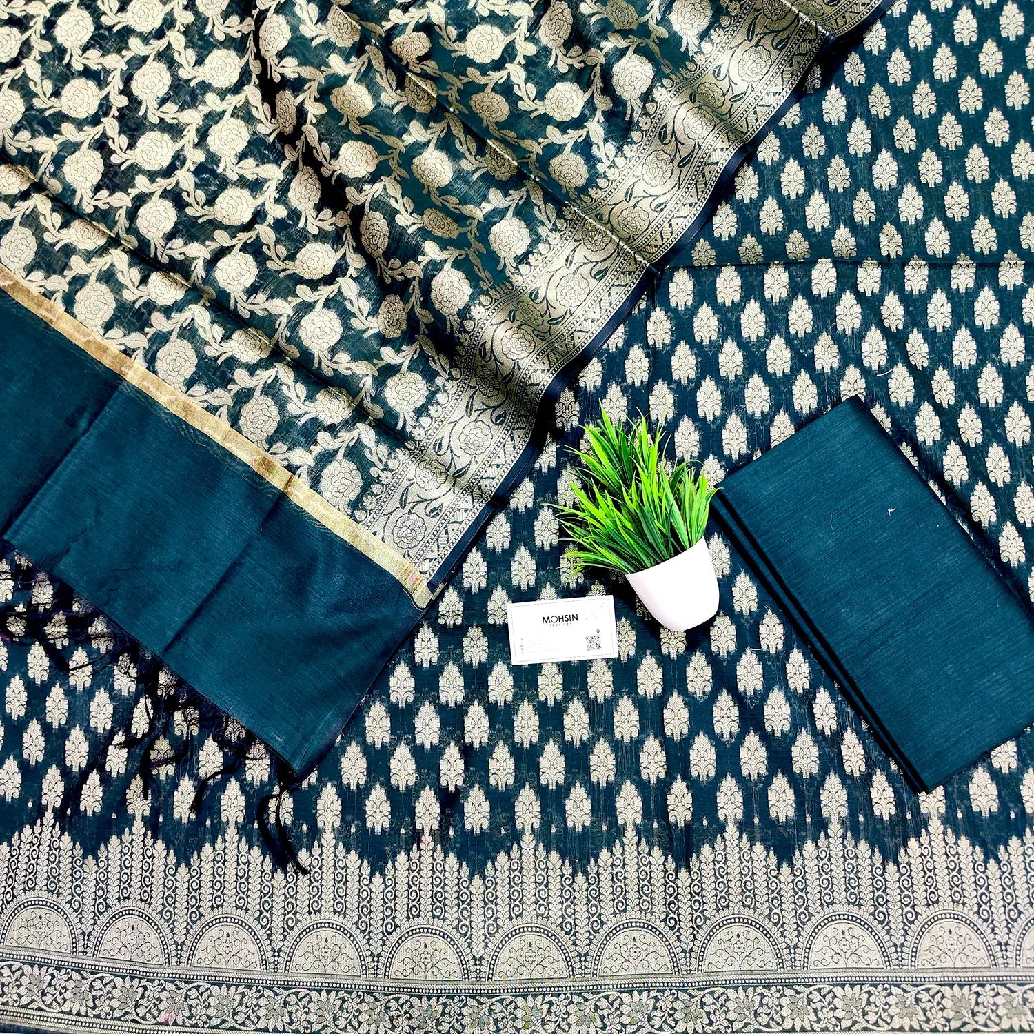 Teal Frozen Tree Banarasi Silk Suit