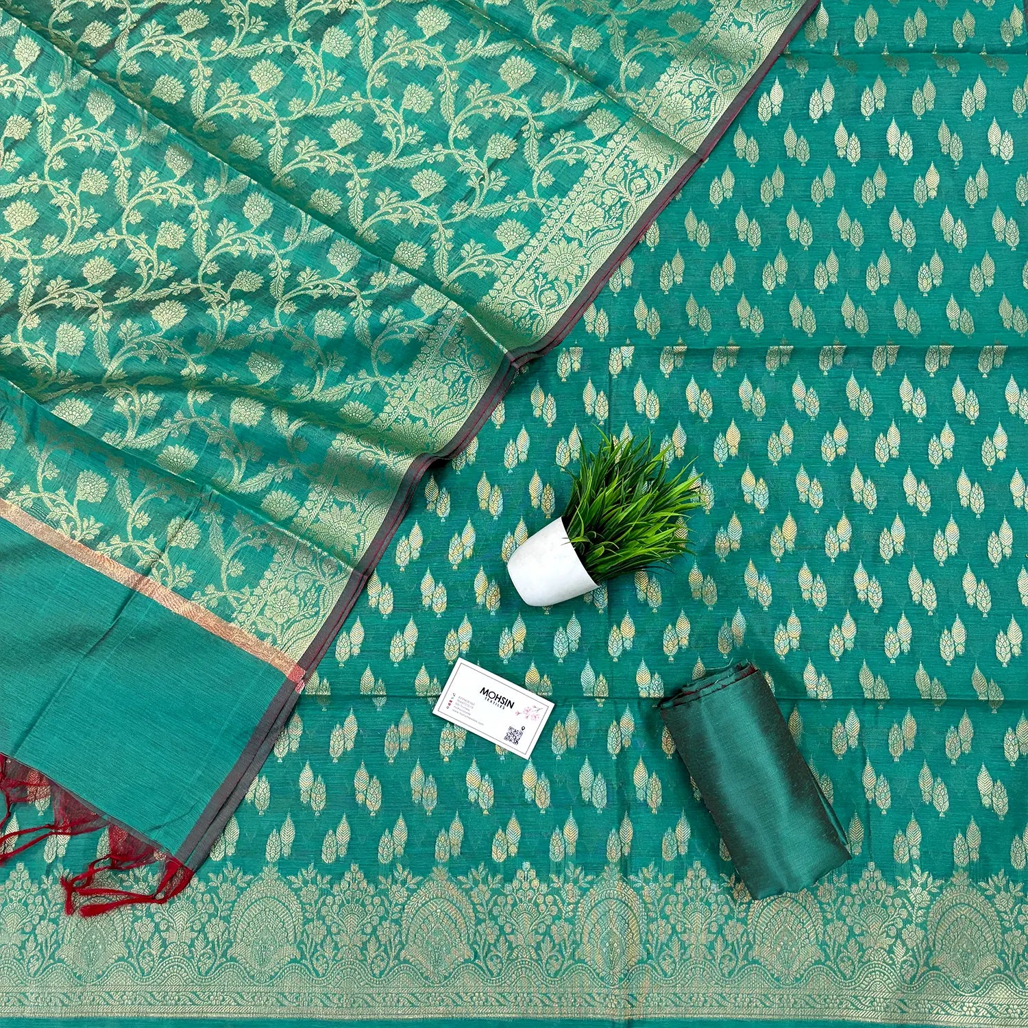 Teal Golden Zari Banarasi Silk Suit